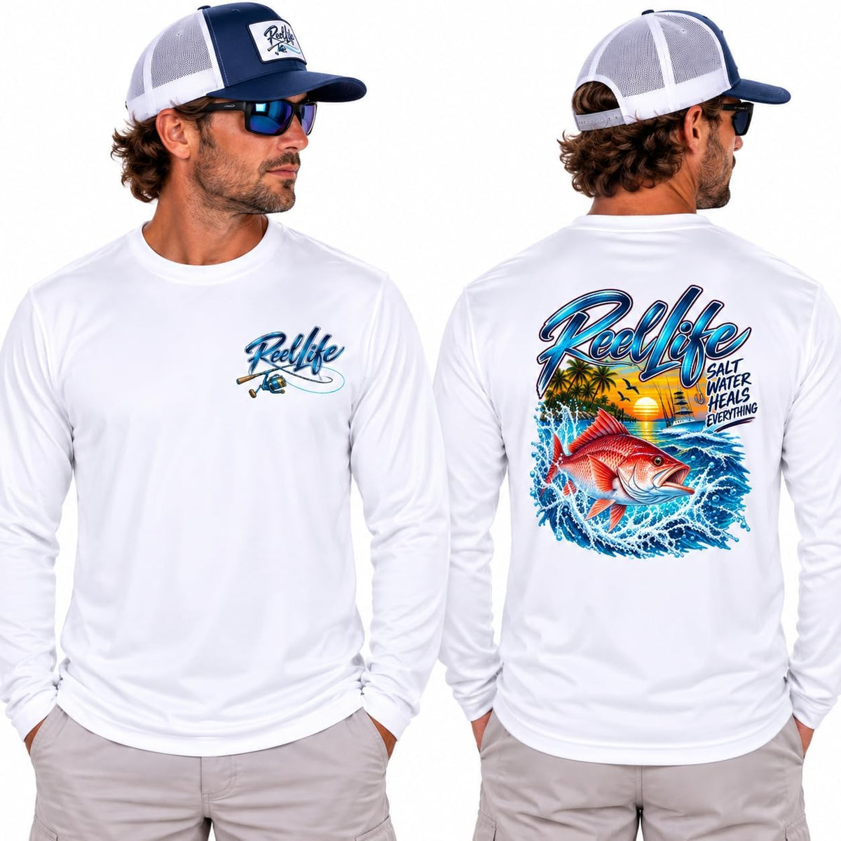 Reel Life Fishing Snapper Long Sleeve Tee | Ocean Sunset Angler Graphic - White