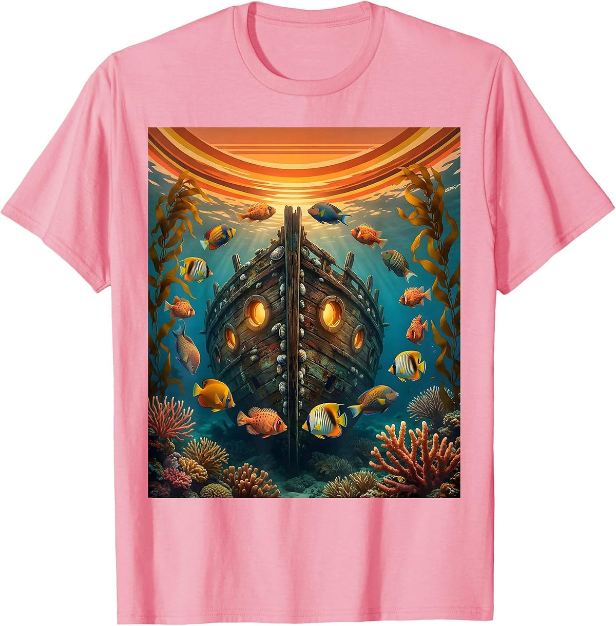 Men's Tropical Fish Sunken Shipwreck Hawaiian Design T-Shirt - Pink