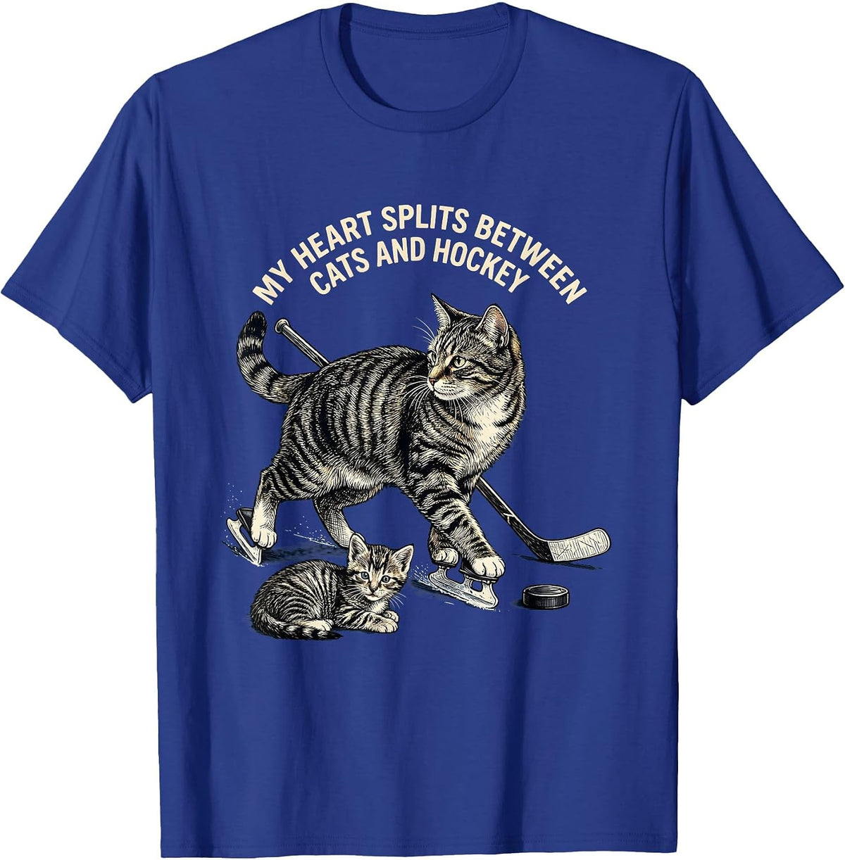 My Heart Splits Between Cats And Hockey Cat Lover T-Shirt - Royal Blue