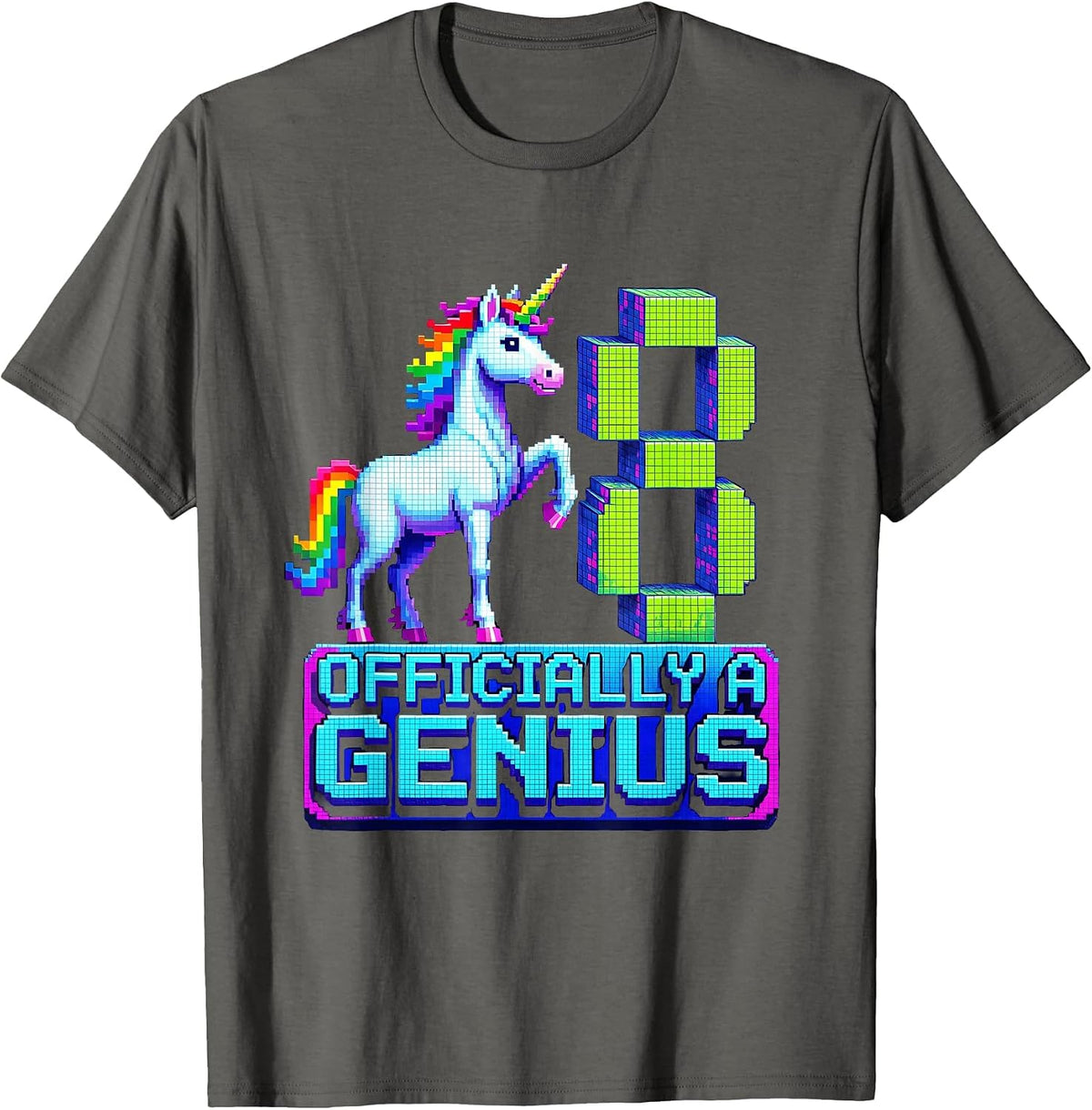 Officially A Genius Pixel Art Unicorn Birthday Girl Party T-Shirt - Asphalt Grey
