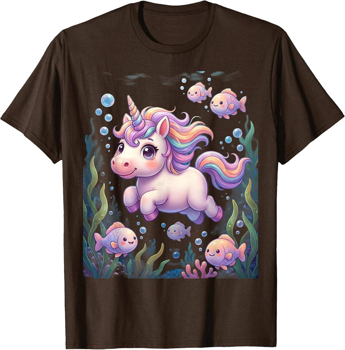 Unicorn Deep Sea Underwater Ocean Adventure Graphic T-Shirt - Brown