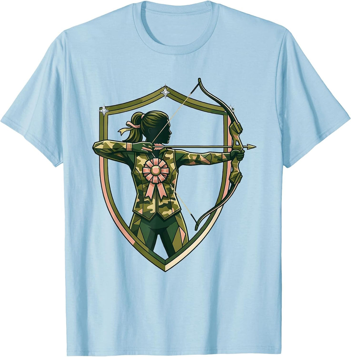 Men's Camo Archer Drawing Back Bow Illustration T-Shirt - Baby Blue