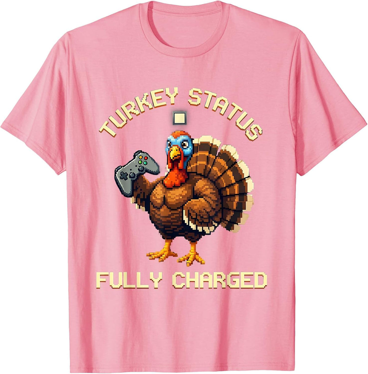 Men's Turkey Status Fully Charged Pixel Art Funny Thanksgiving T-Shirt - Pink
