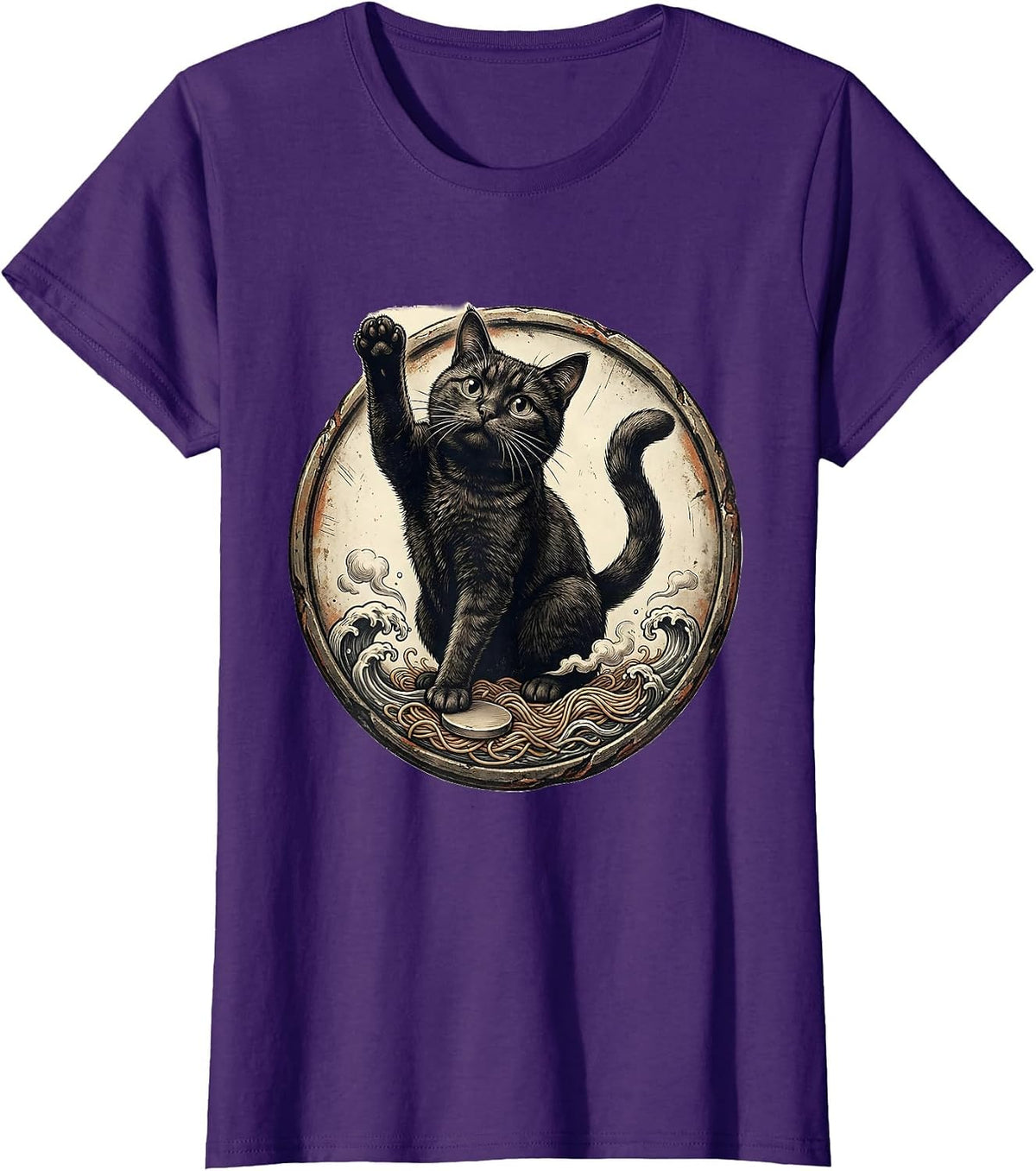 Women's Cat Kaiju Ramen Vintage Anime Art Cat Lover Gift T-Shirt - Purple