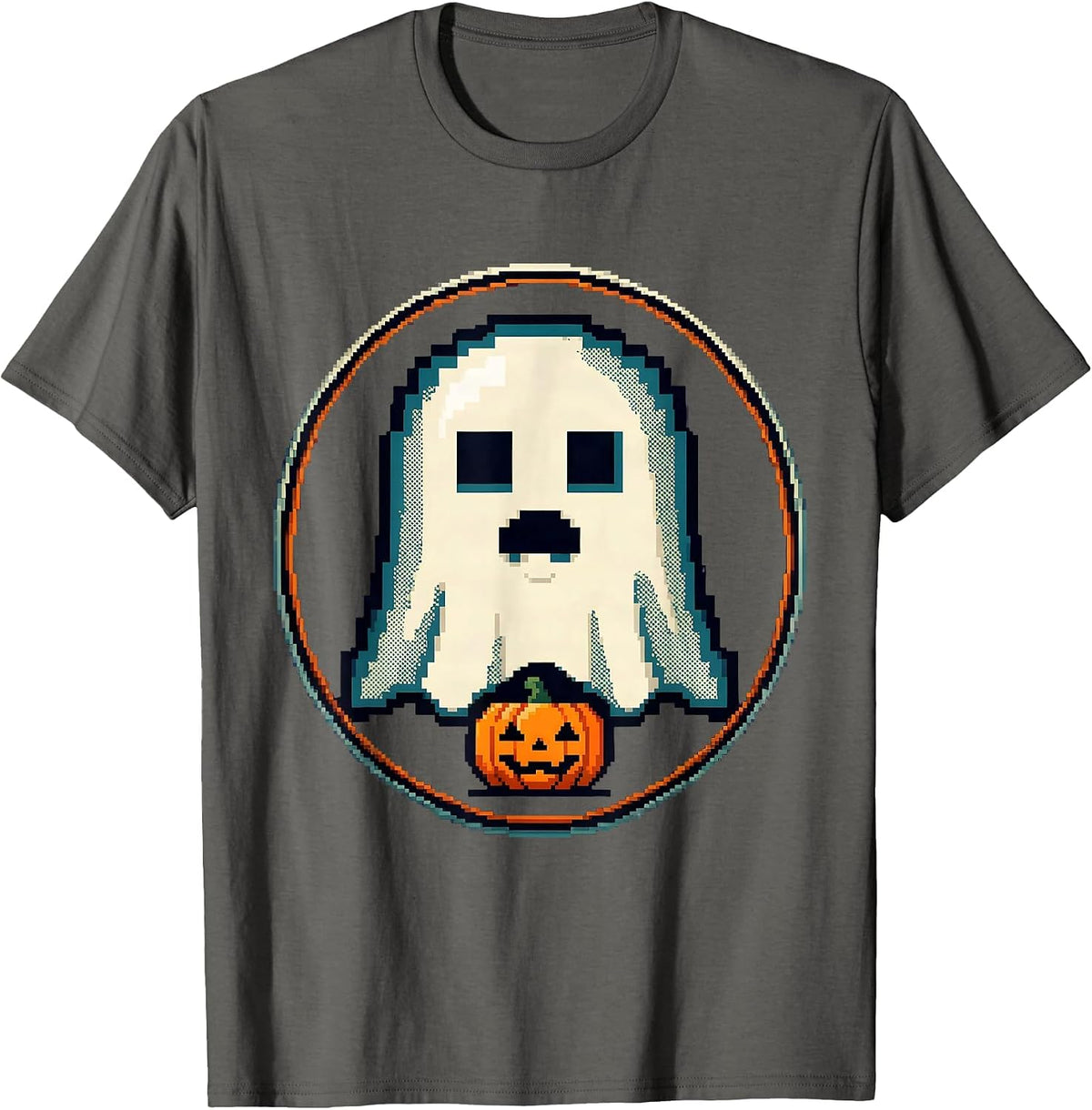 Cute Kawaii Pixel Art Ghost Halloween Novelty T-Shirt - Asphalt Grey