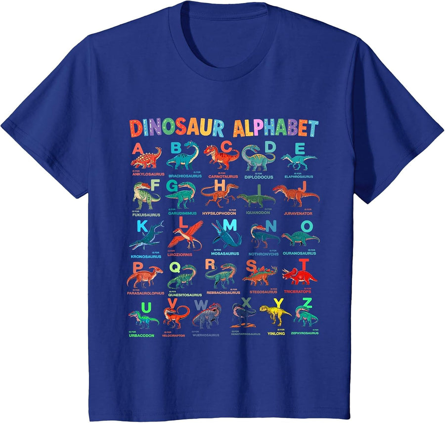 Types of Dinosaurs Alphabet A-Z ABC Dino Identification Kids T-Shirt - Royal Blue