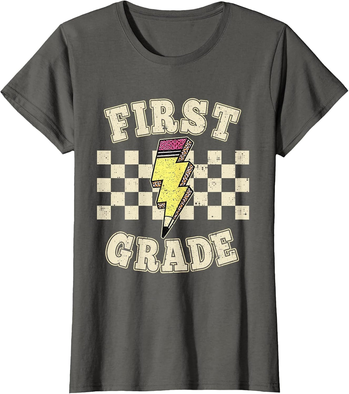 First Grade Lighting Bolt Pencil Retro 1st Grade Teacher T-Shirt - Asphalt Grey