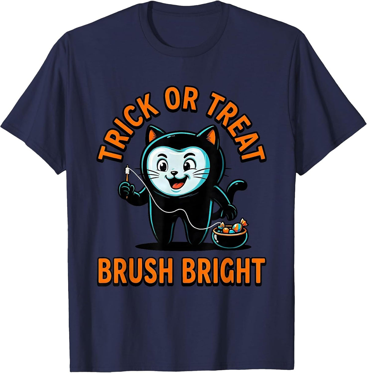 Trick Or Treat Brush Bright Cartoon Dental Halloween Costume T-Shirt - Navy Blue