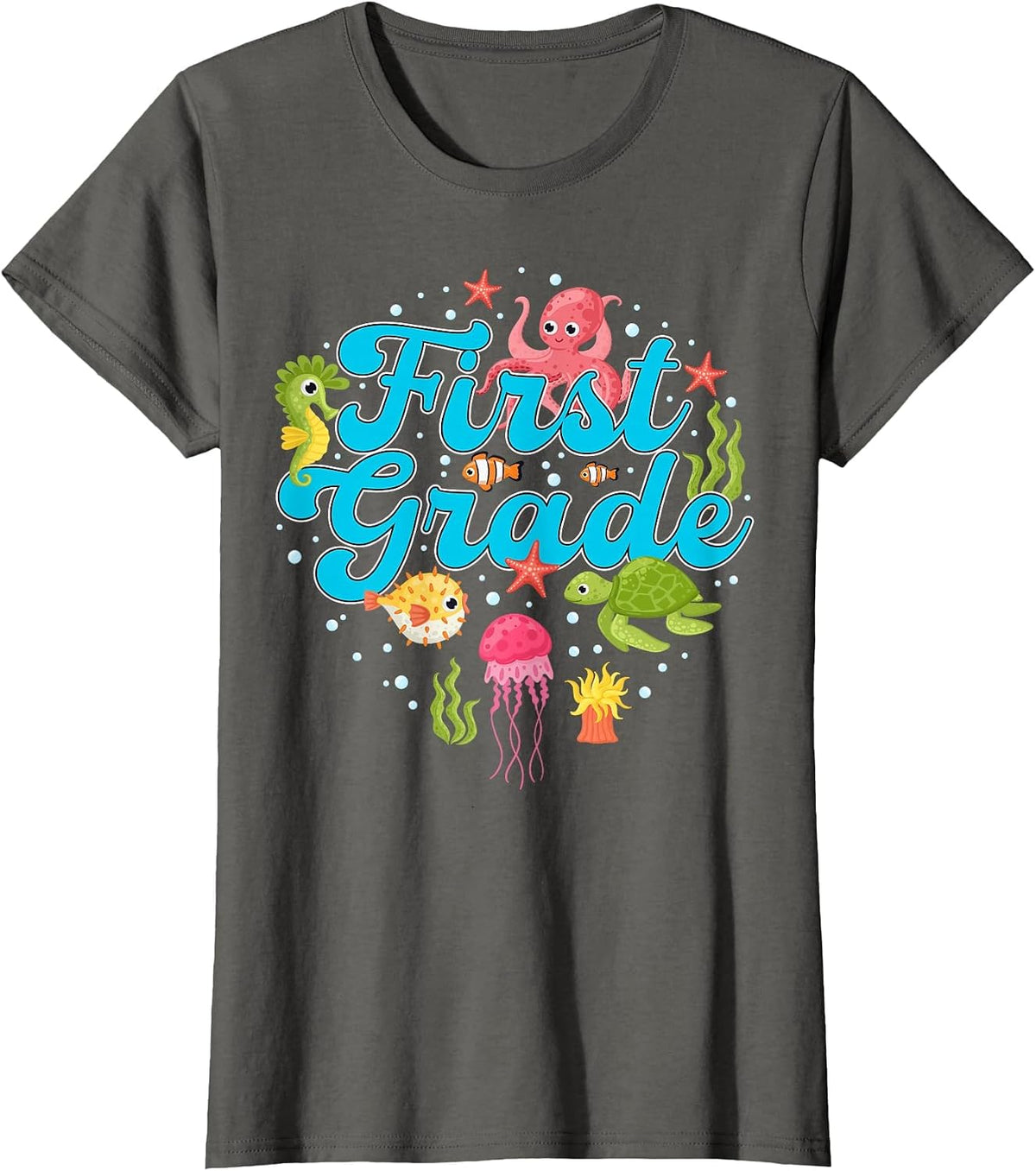 First Grade Teacher Under The Sea Turtle Fish Underwater T-Shirt - Asphalt Grey