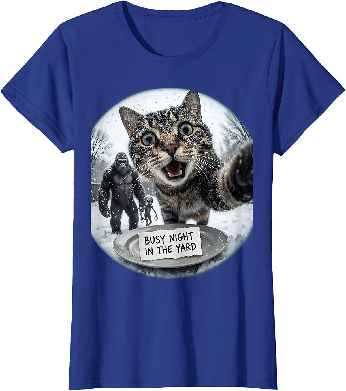 Women's Busy Night In The Yard Funny Cat Bigfoot Alien Meme Humor T-Shirt - Royal Blue