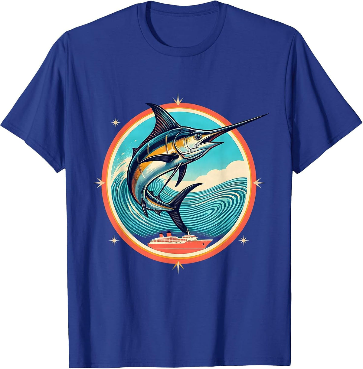 Giant Marlin Leaping Over Ship Wake Cruise T-Shirt - Royal Blue
