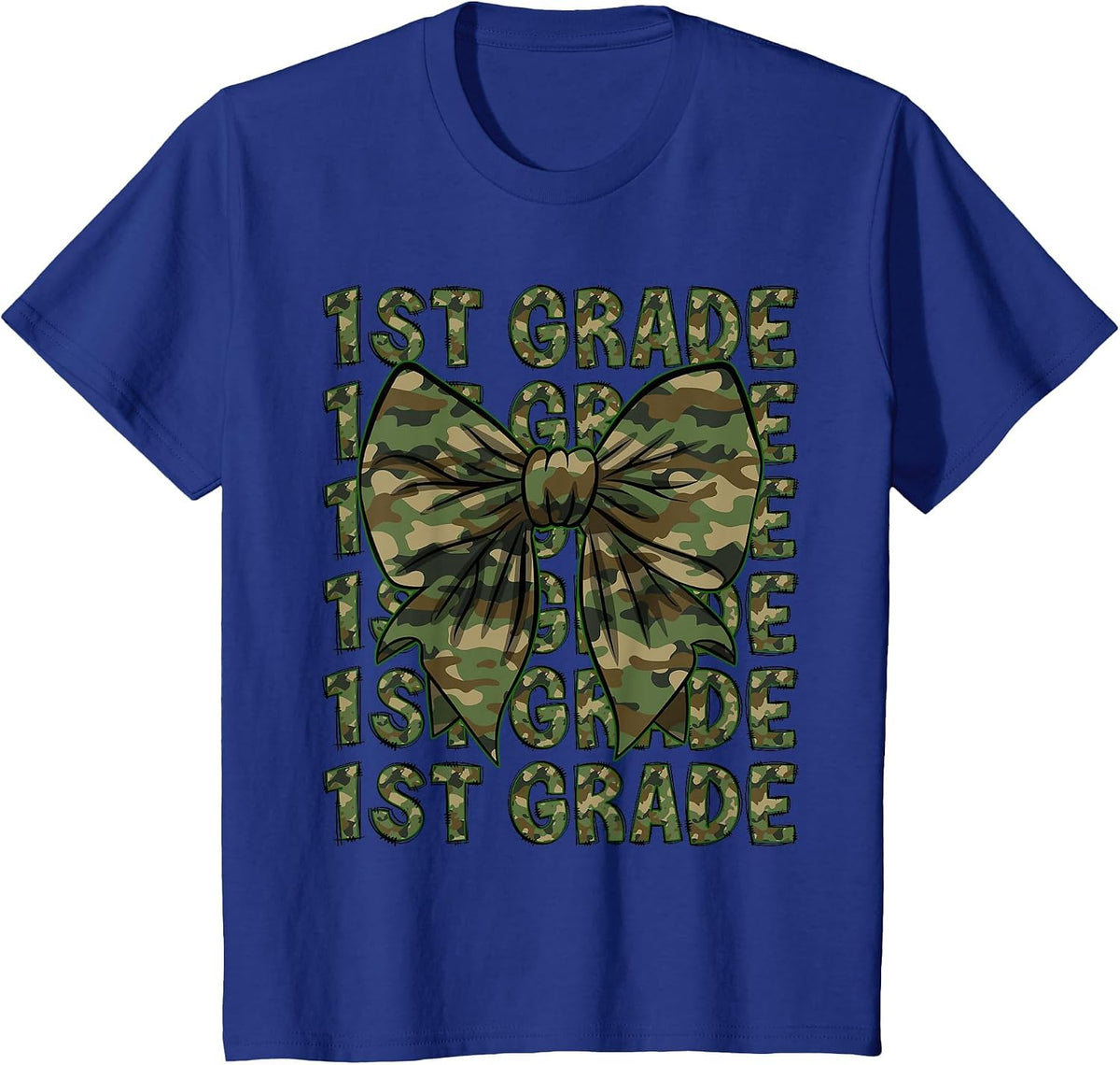 1st Grade Teacher Student Camo Bow Back to School T-Shirt - Royal Blue