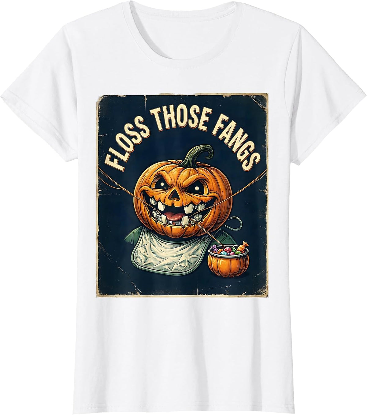 Women's Floss Those Fangs Vintage Halloween Dentist Dental Humor T-Shirt - White