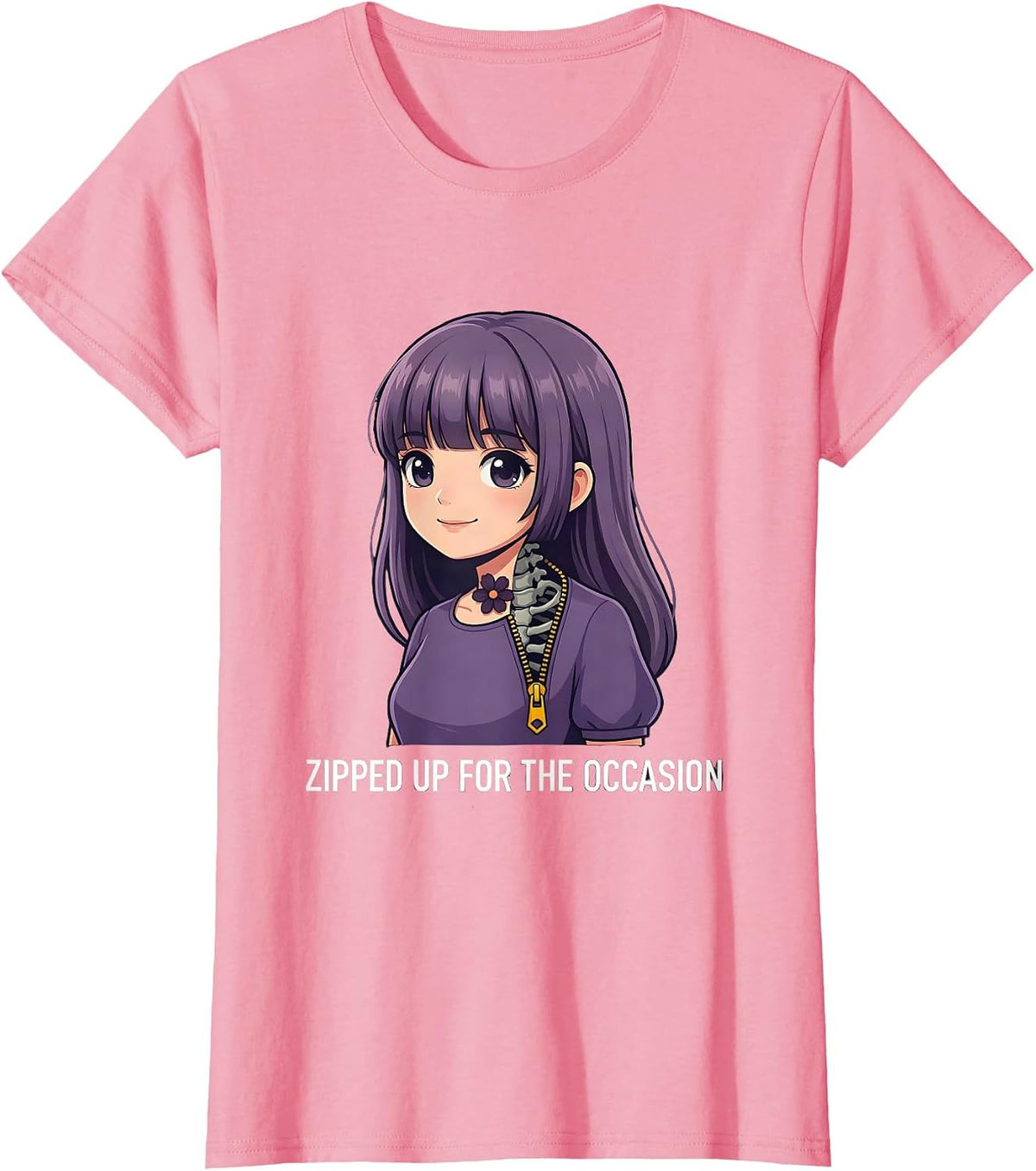 Women's Zipped Up For The Occasion Creepy Kawaii Goth Anime Horror T-Shirt - Pink