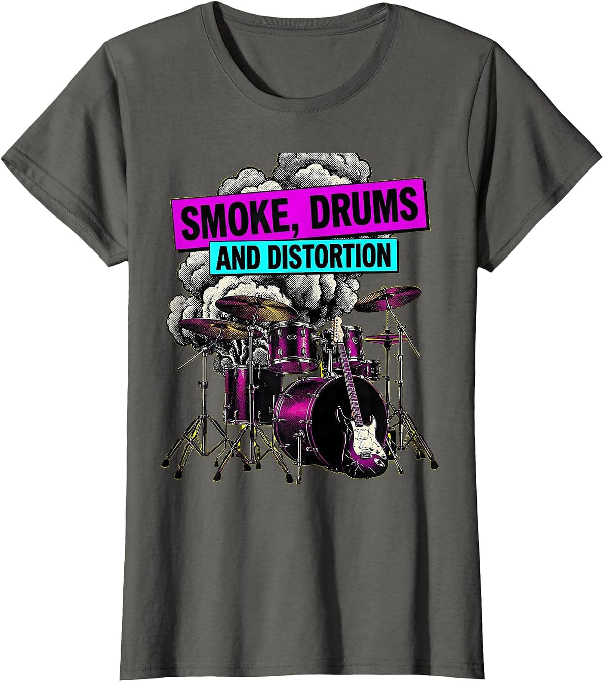 Women's Smoke Drums and Distortion 80s Rock Band Design T-Shirt - Asphalt Grey