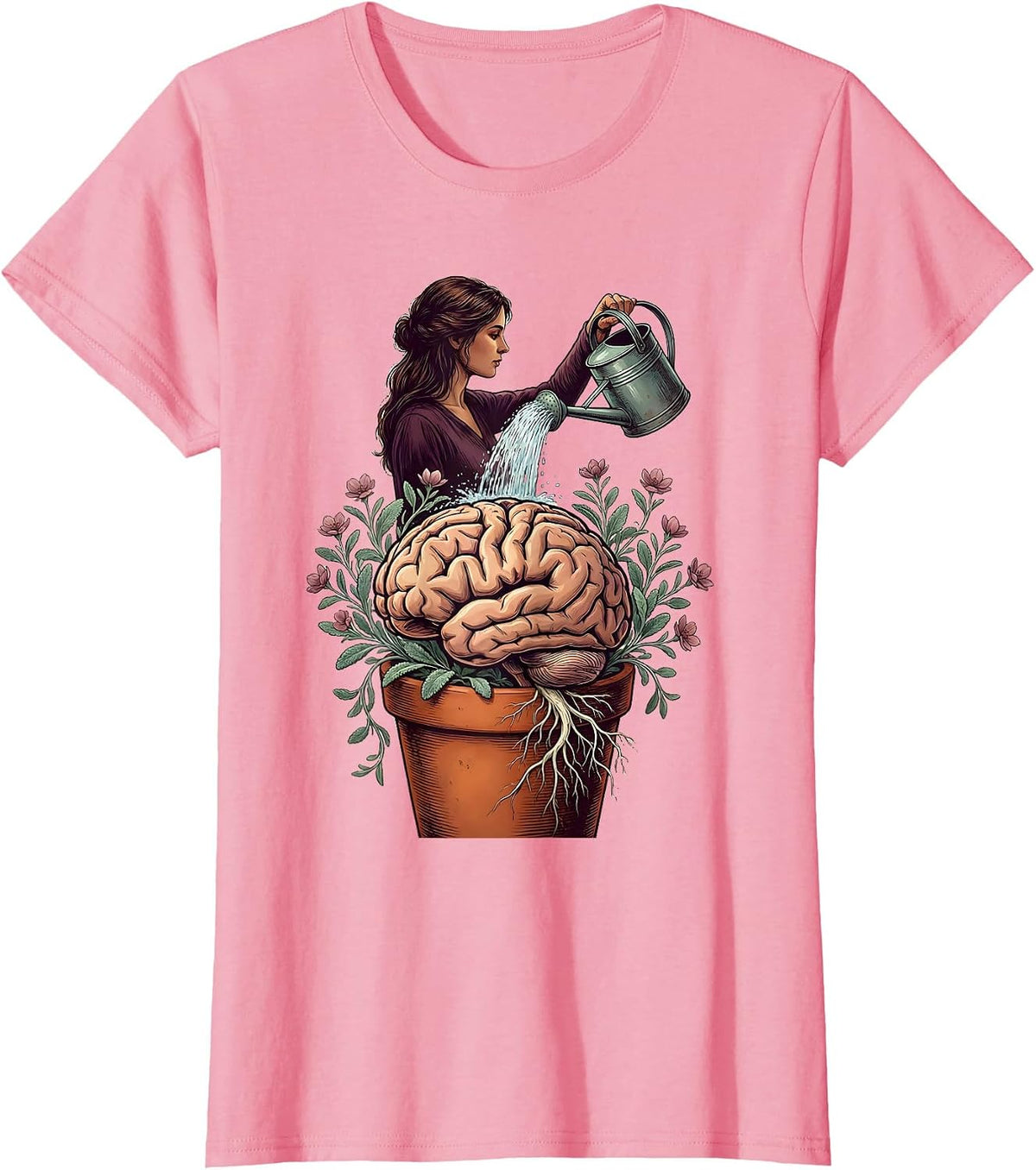 Women's Grow Your Mind Brain Watering Plant Illustration T-Shirt - Pink