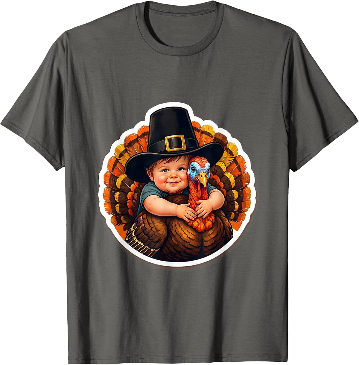 Toddler Pilgrim Hugging Turkey Thanksgiving T-Shirt - Asphalt Grey
