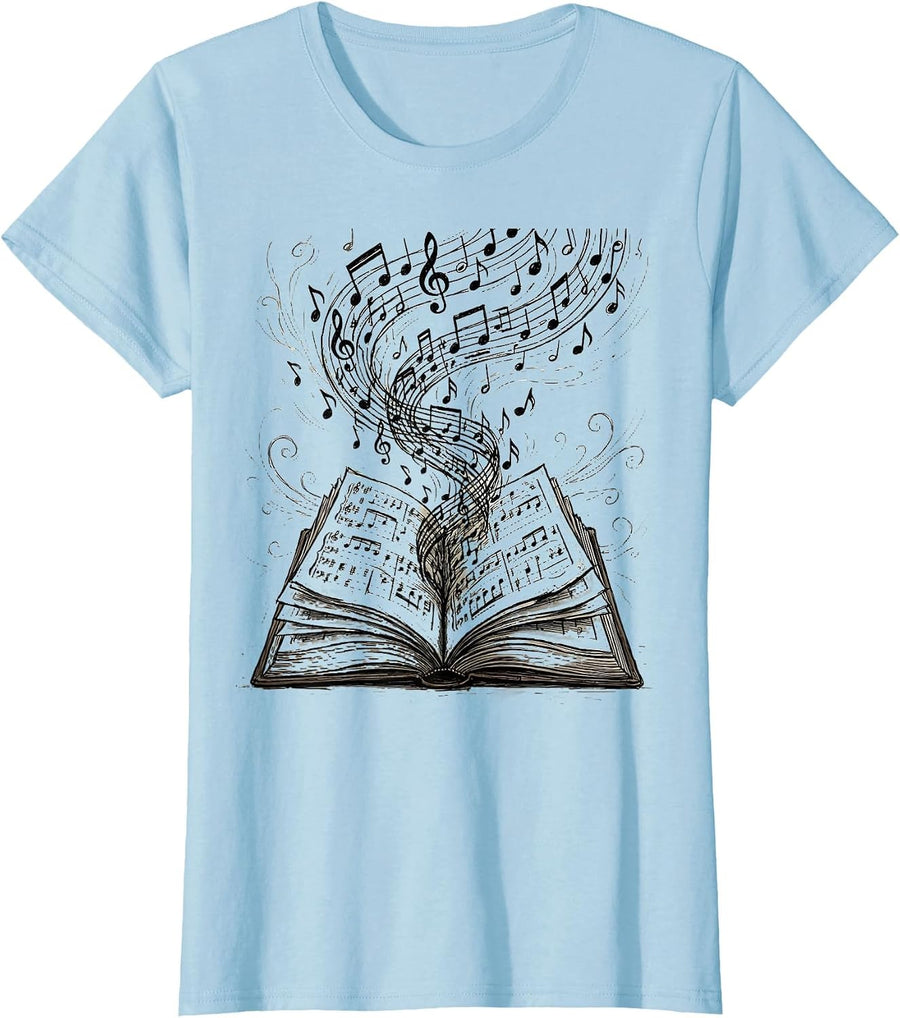 Women's Music Teacher Open Book Flying Notes Illustration T-Shirt - Baby Blue