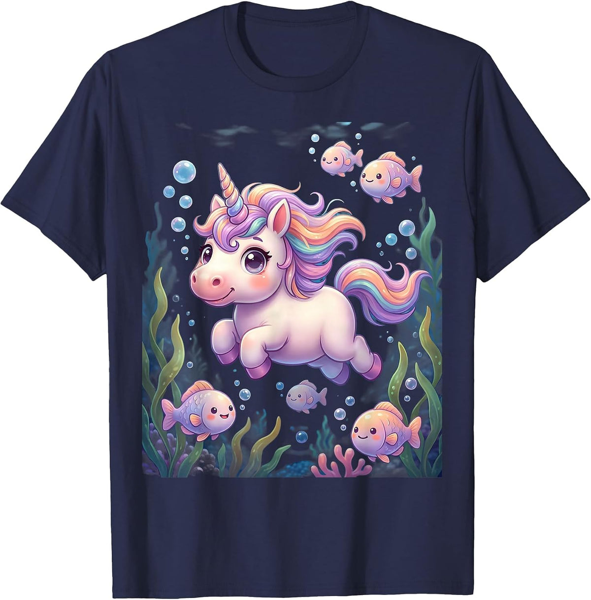 Unicorn Deep Sea Underwater Ocean Adventure Graphic T-Shirt - Navy Blue