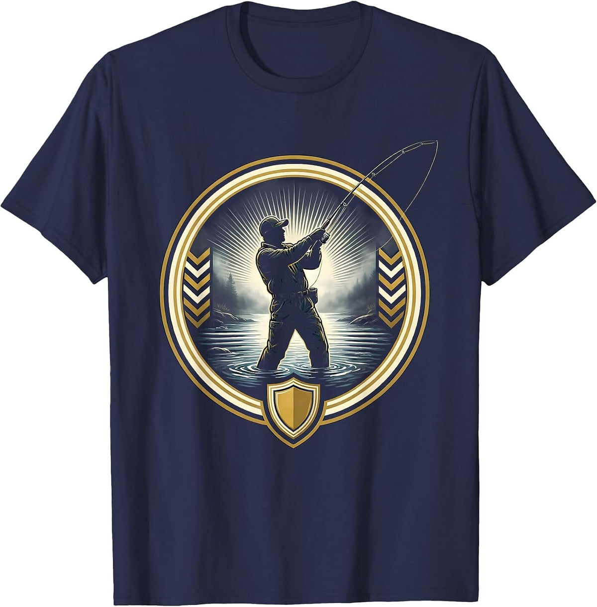 Fisherman Wading in River Fog Graphic T-Shirt - Navy Blue
