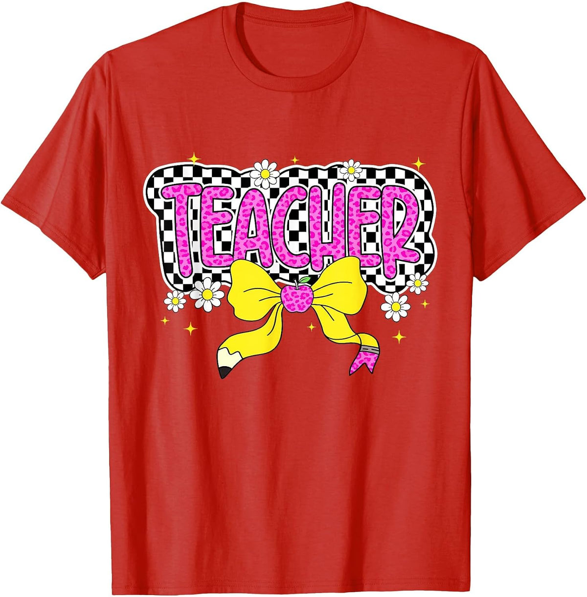Retro Checkered Pink Bow Teacher Back to School T-Shirt - Red