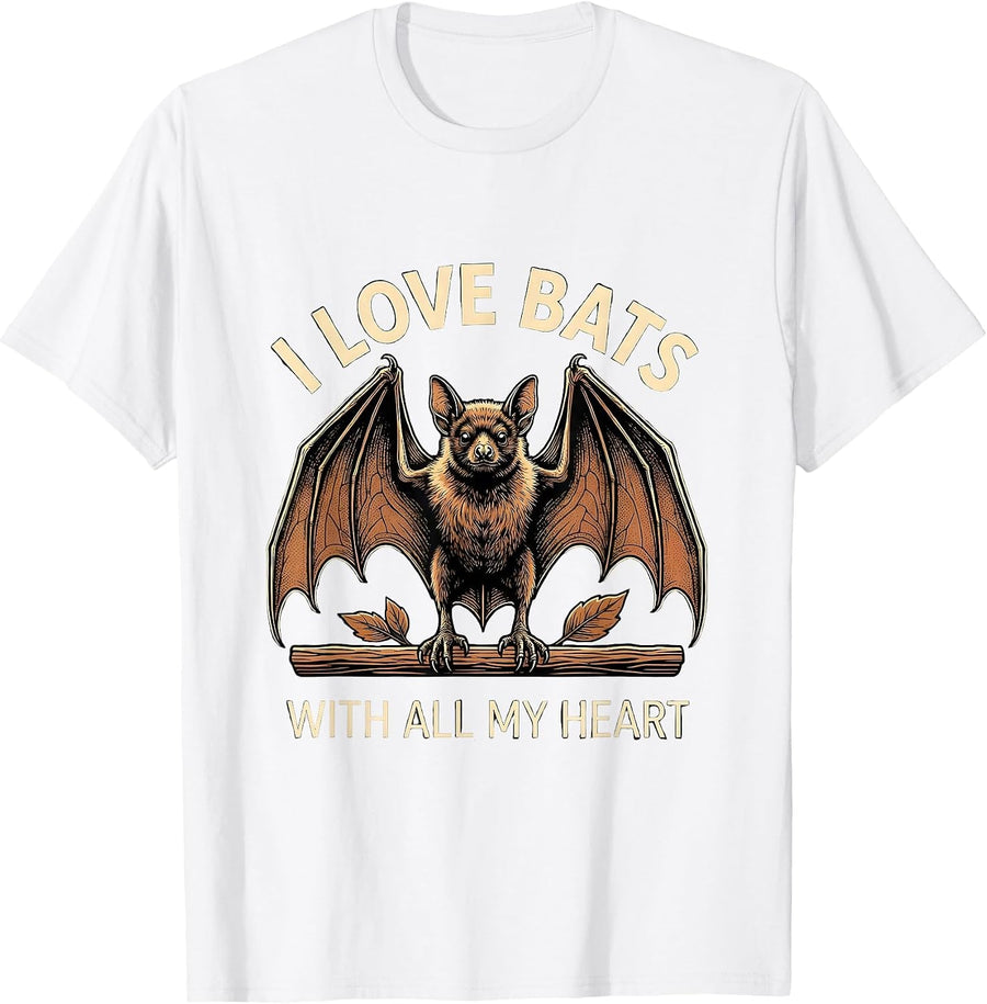 Men's I Love Bats With All My Heart Funny Bat Lover Wildlife T-Shirt - White