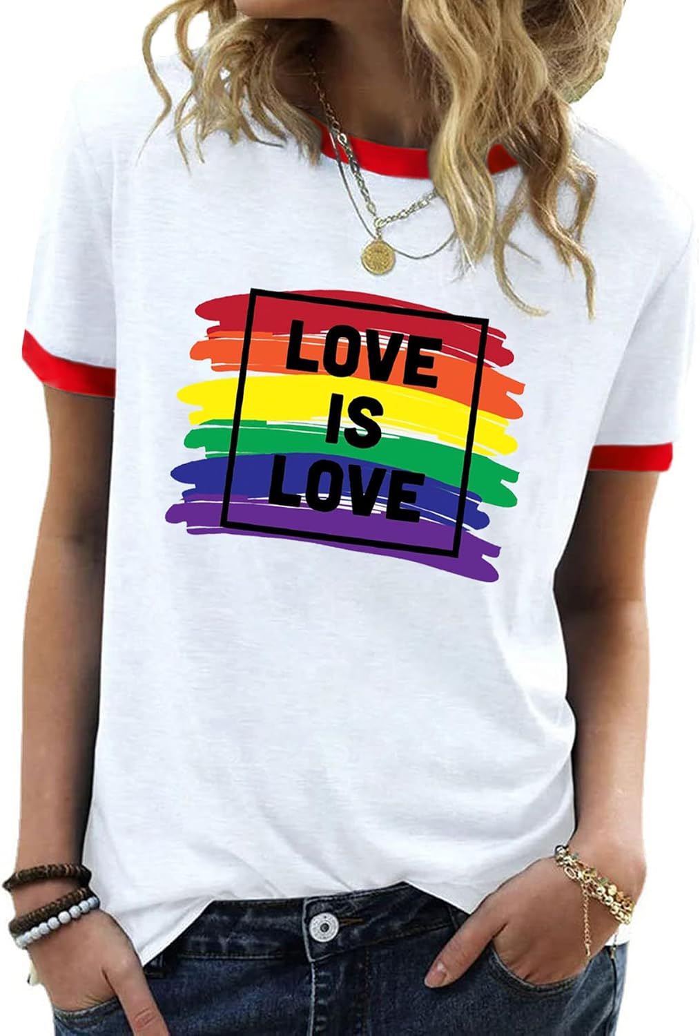 Pride Shirts for Women LGBTQ Rainbow Graphic T-Shirt Ringer Tee - White#03