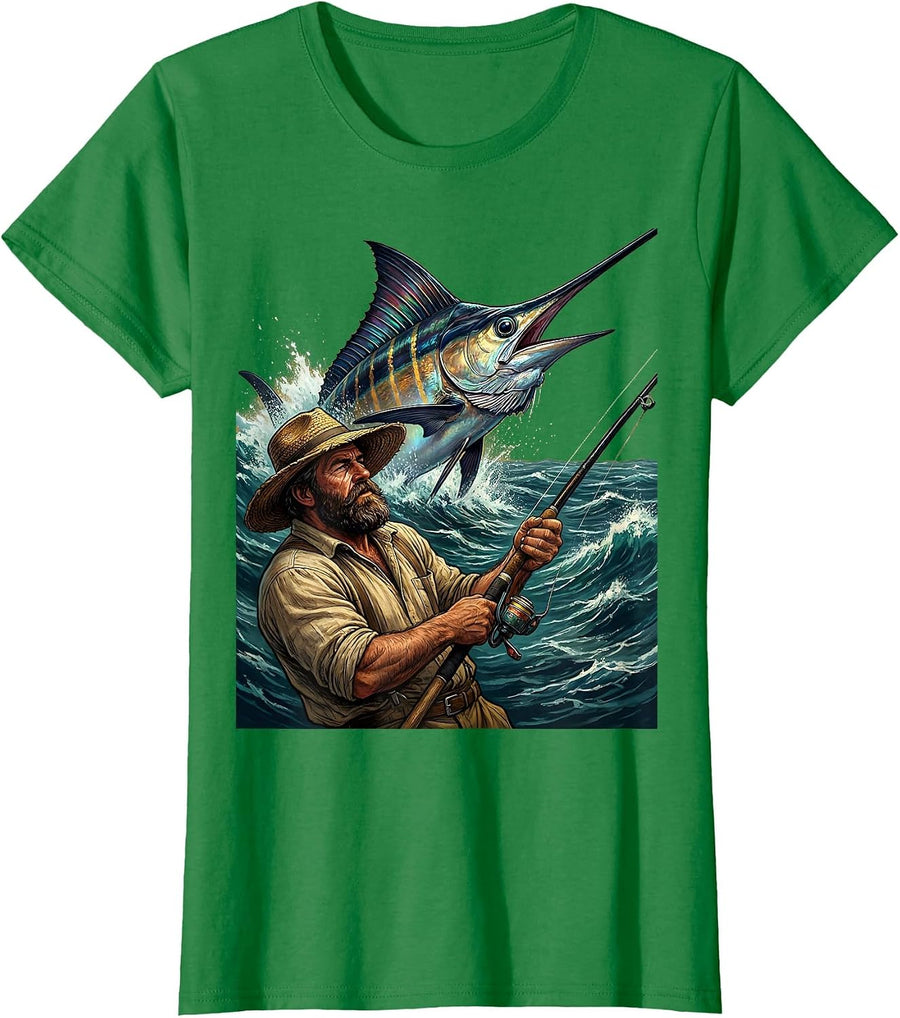 Women's Maui Bearded Fisherman Giant Marlin Graphic T-Shirt - Kelly Green