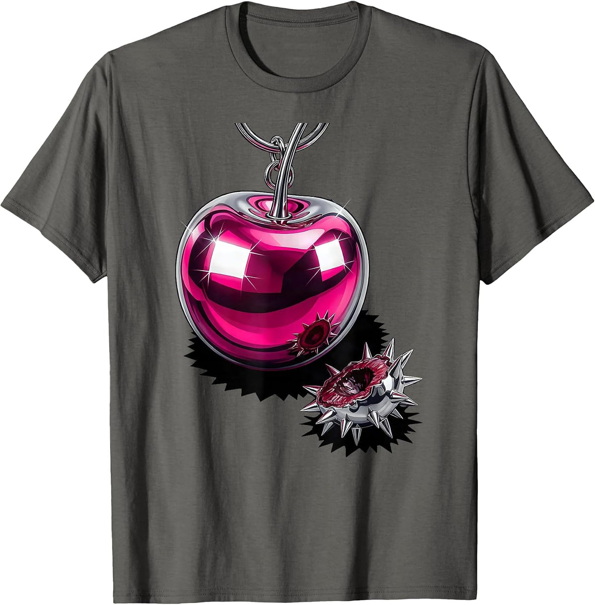Men's Oversized Cherry Keychain Vaporwave Y2K Goth Alt T-Shirt - Asphalt Grey