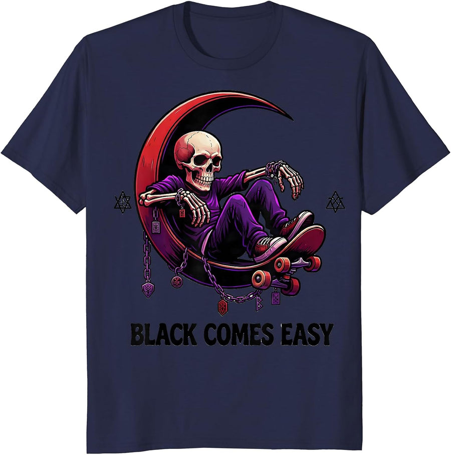 Black Comes Easy Cartoon Y2K Grunge Goth Alt Skull T-Shirt - Navy Blue