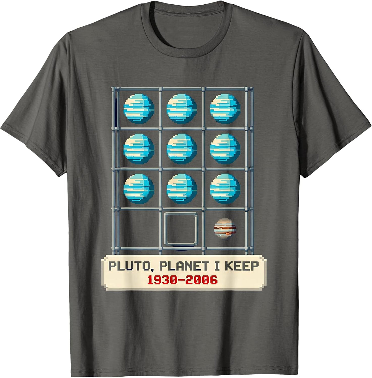 Men's PLUTO, PLANET I KEEP 1930–2006 Pixel Art Space Humor T-Shirt - Asphalt Grey