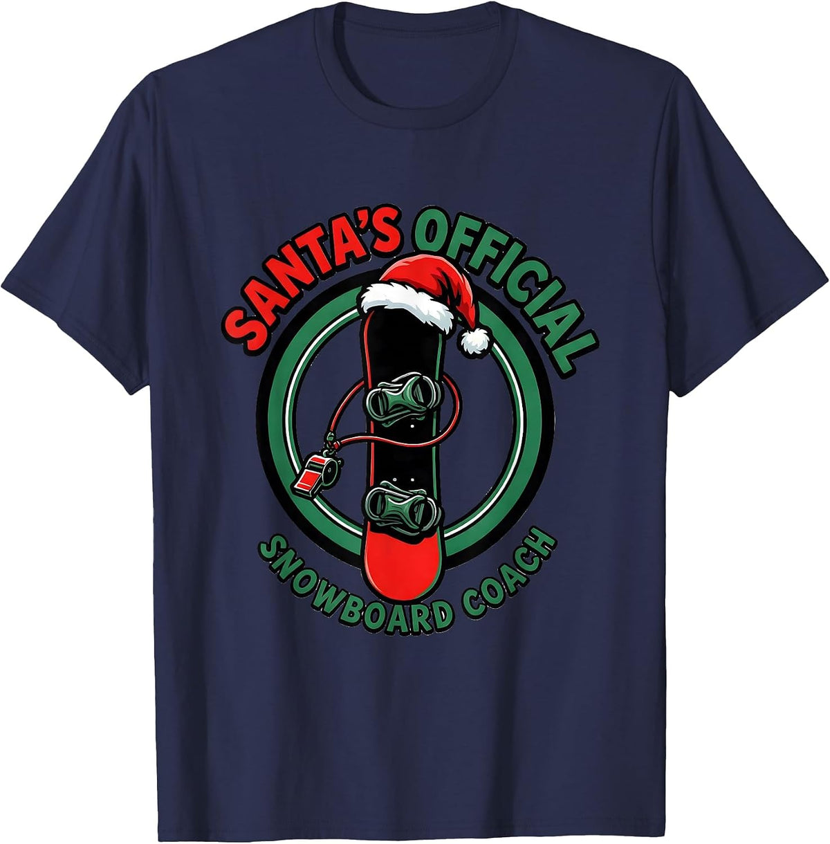 Men's Santa's Official Snowboard Coach Cartoon Snowboarder T-Shirt - Navy Blue