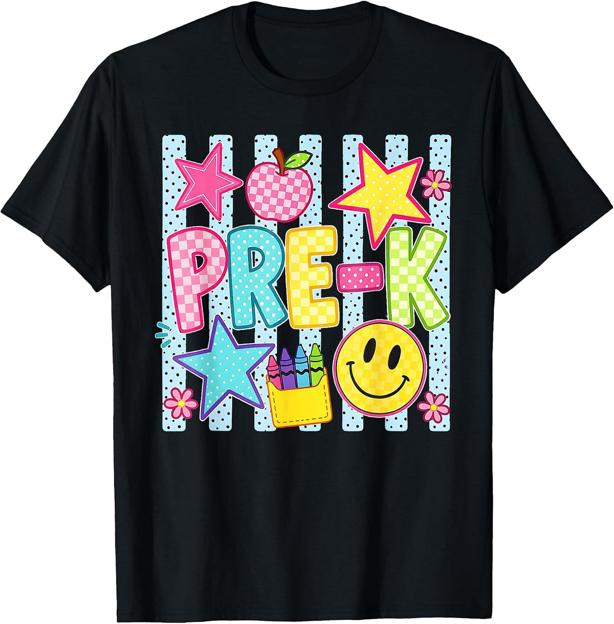 Striped Preppy Preschool Back to School Teacher Girl Kids T-Shirt - Black