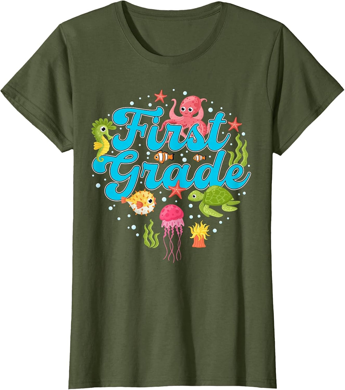First Grade Teacher Under The Sea Turtle Fish Underwater T-Shirt - Olive Green