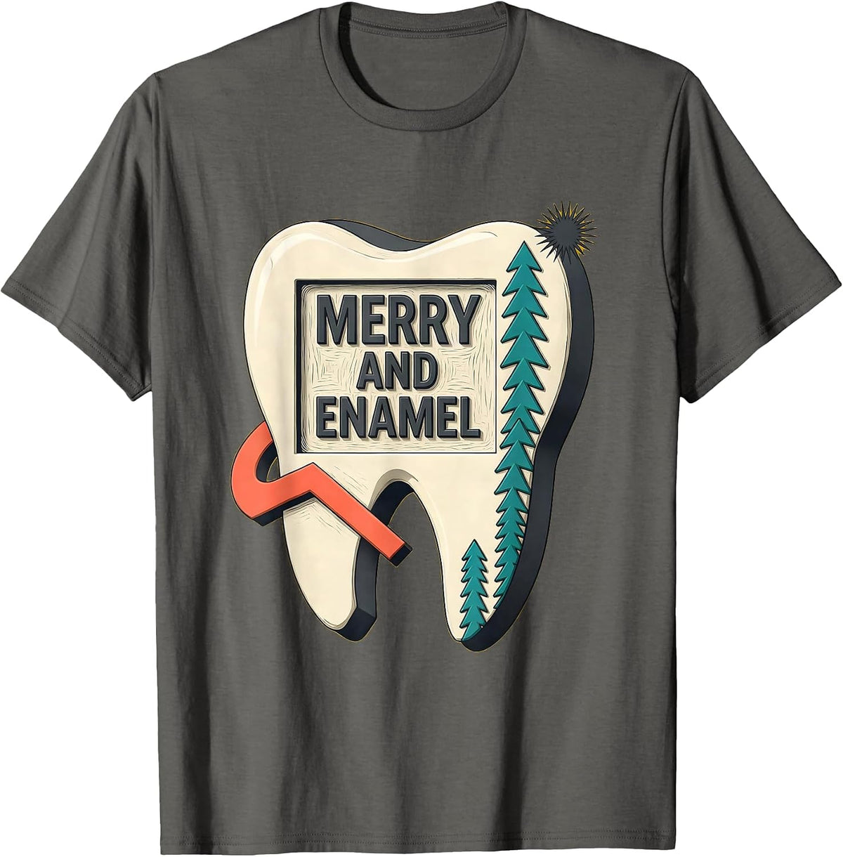 Men's Merry and Enamel Midcentury Modern Dental Christmas Dentist T-Shirt - Asphalt Grey