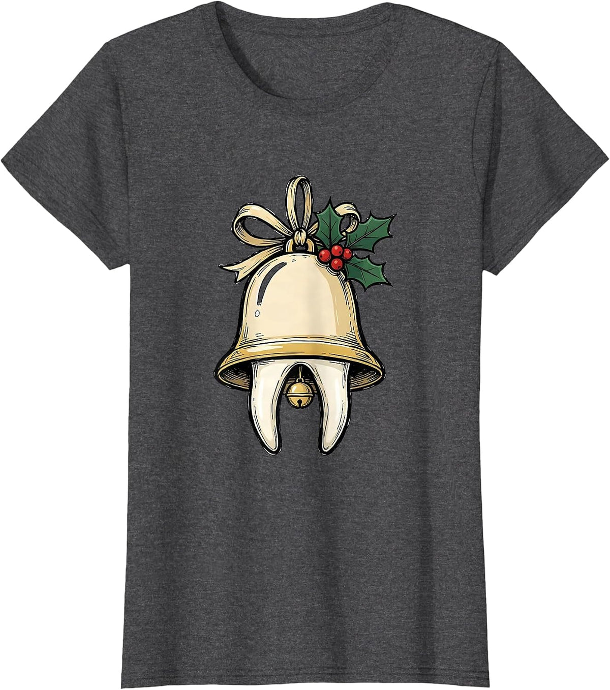 Women's Twin-Root Molar Bell Funny Dentist Christmas Dental Staff T-Shirt - Dark Heather Grey