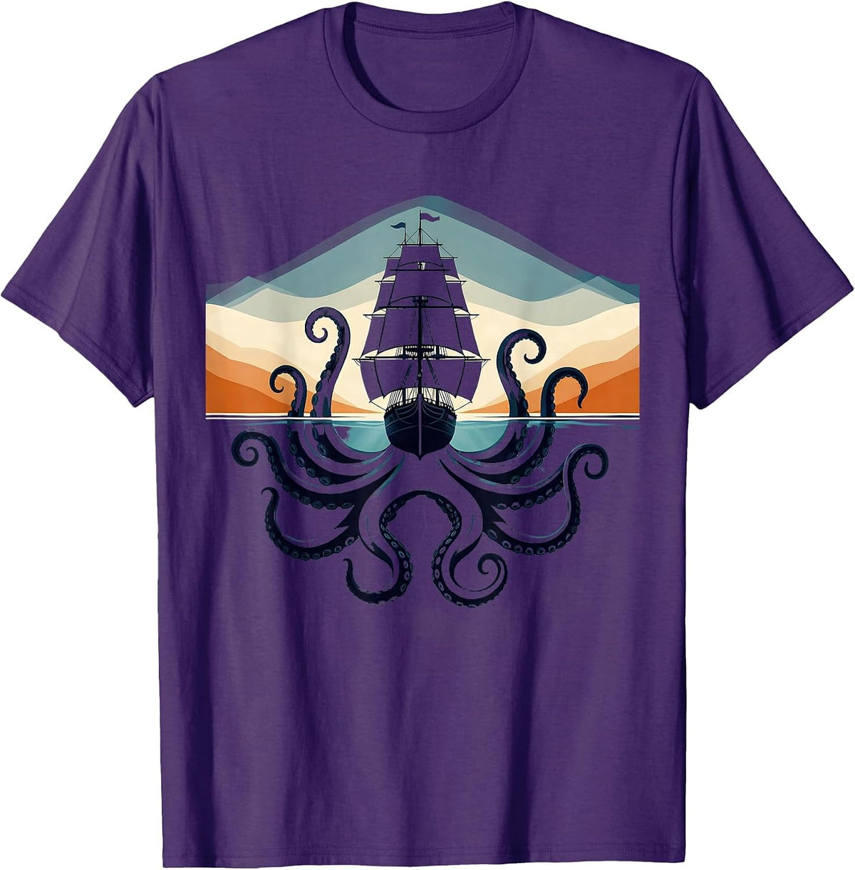Octopus Dragging Ship Under Ocean Surface T-Shirt - Purple