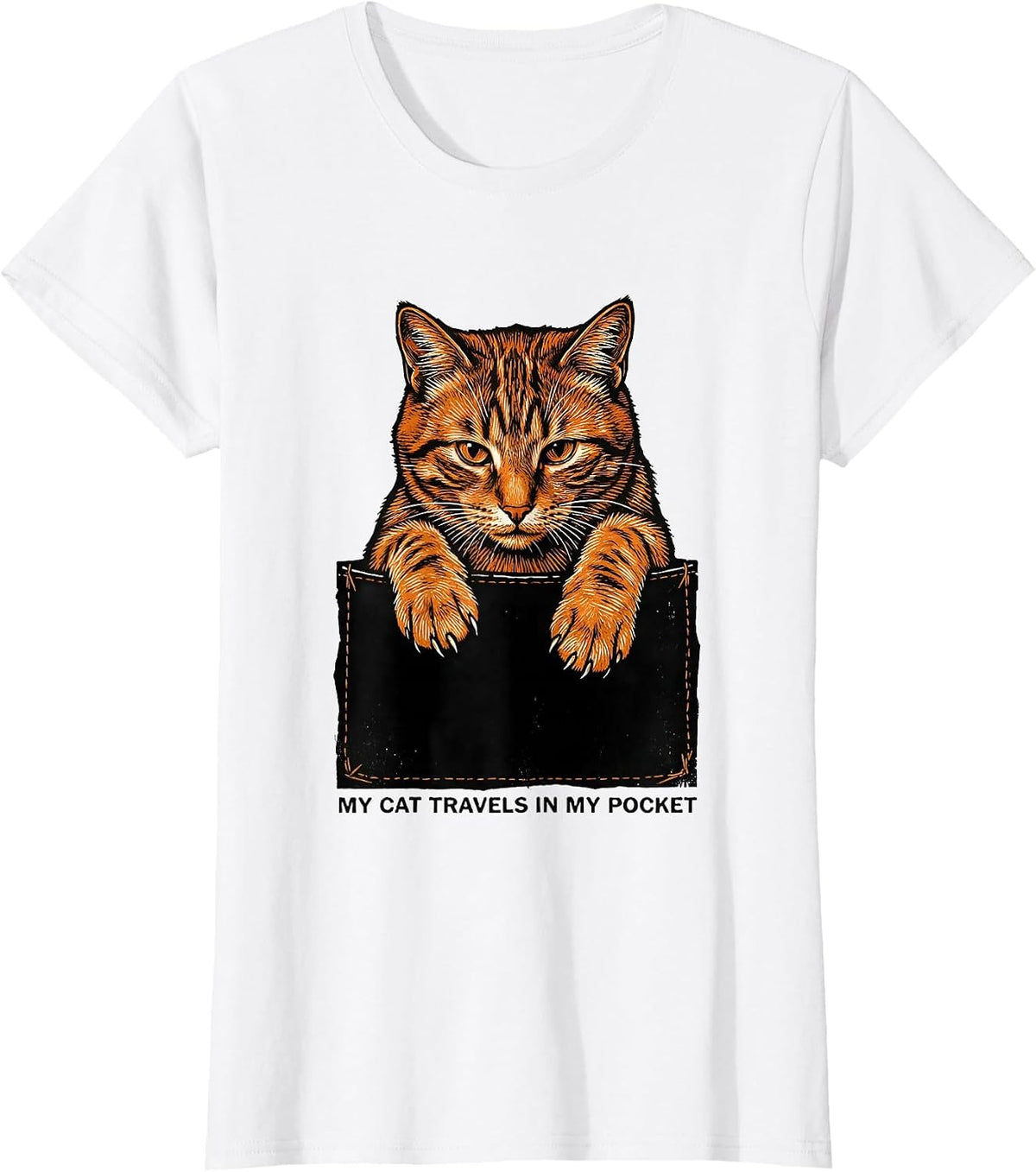 Women's My Cat Travels In My Pocket Playful Cat Lover Linocut T-Shirt - White