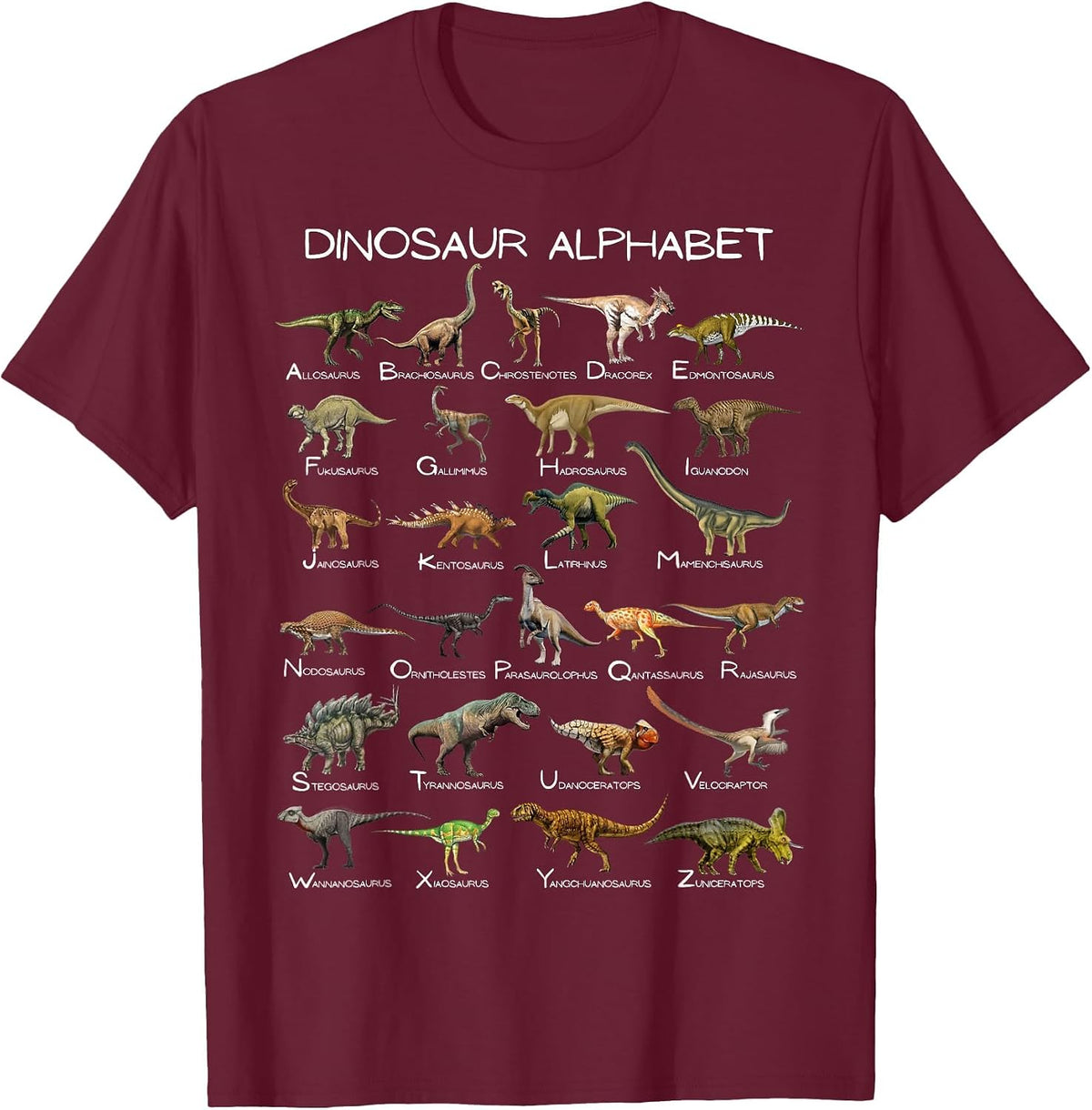 Dinosaur Alphabet ABC Dino Paleontology Educational T-Shirt - Burgundy