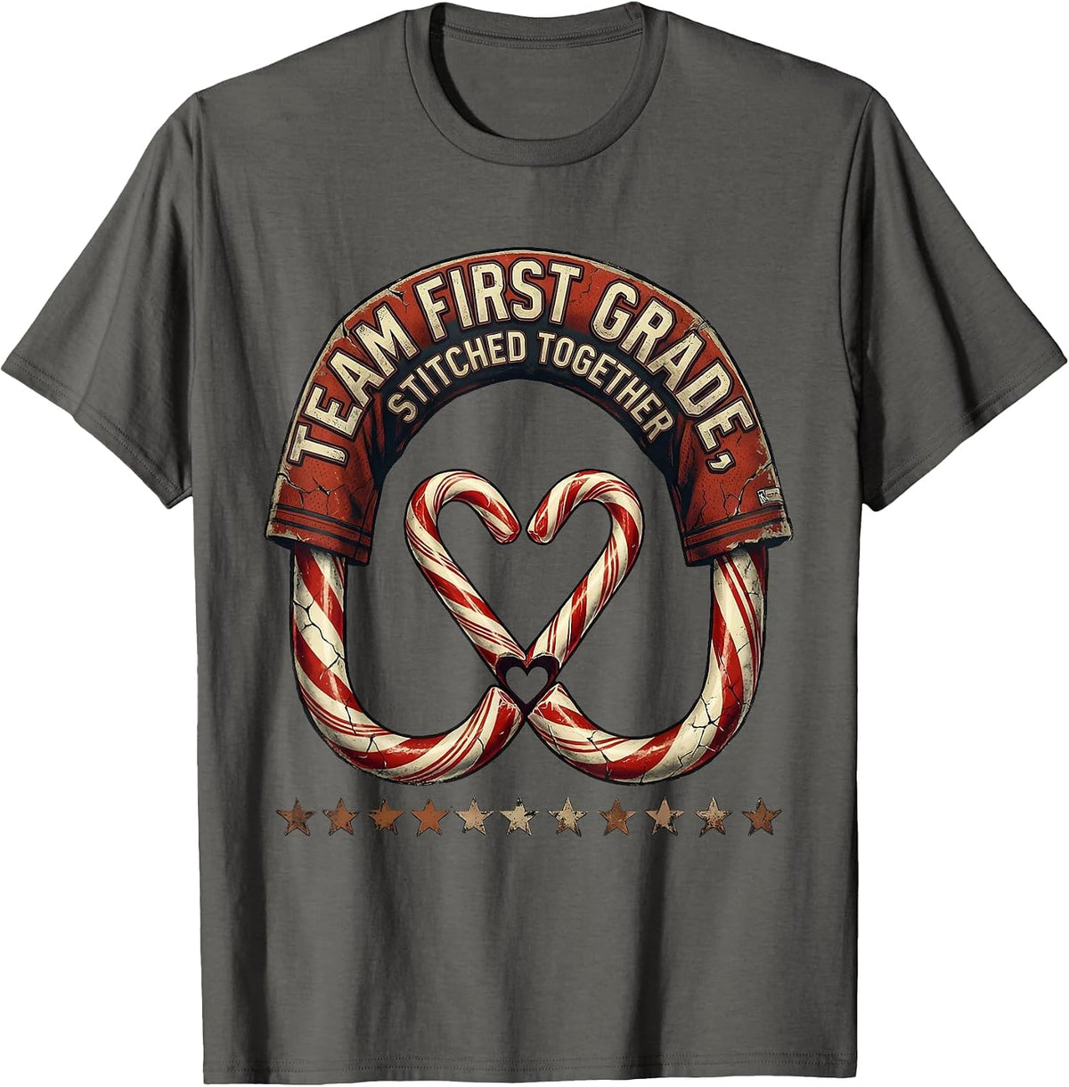 Team First Grade Stitched Together Distressed Teacher T-Shirt - Asphalt Grey