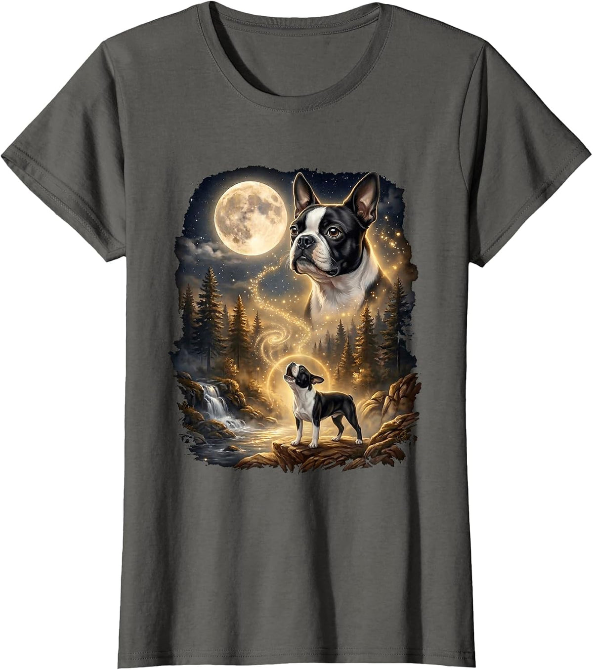 Boston Terrier Howling At The Moon Retro T-Shirt - Asphalt Grey