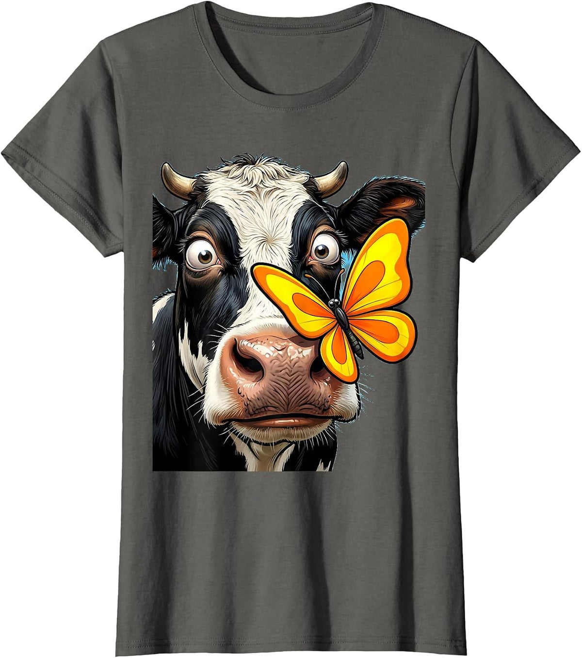 Women's Cow With Butterfly on Nose Cute Farm Animal Art T-Shirt - Asphalt Grey