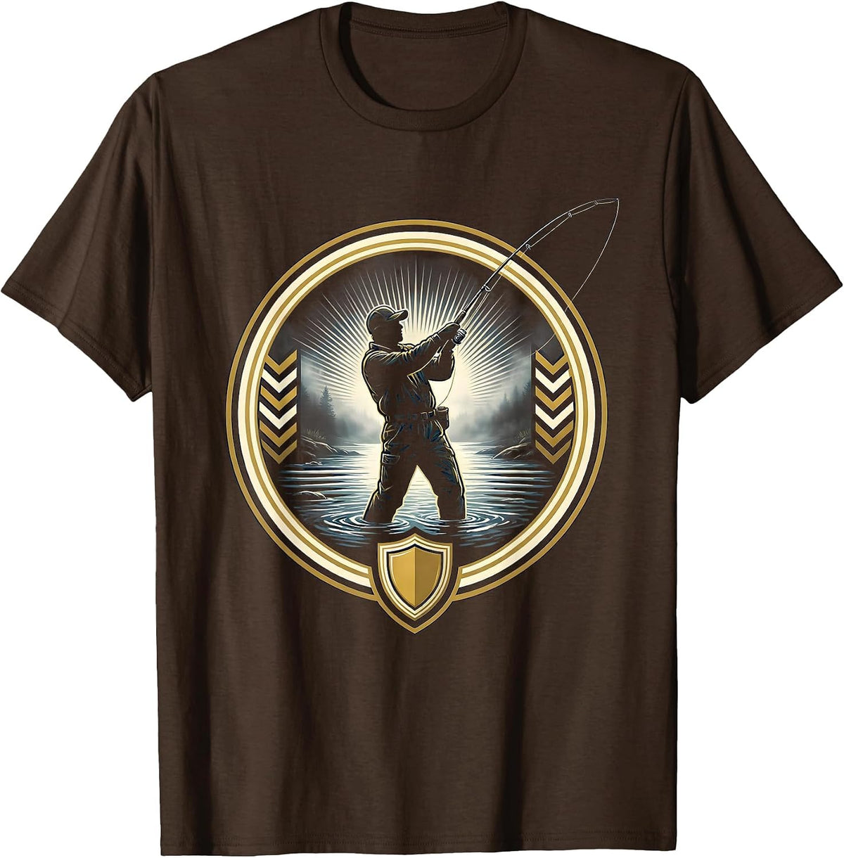 Fisherman Wading in River Fog Graphic T-Shirt - Brown