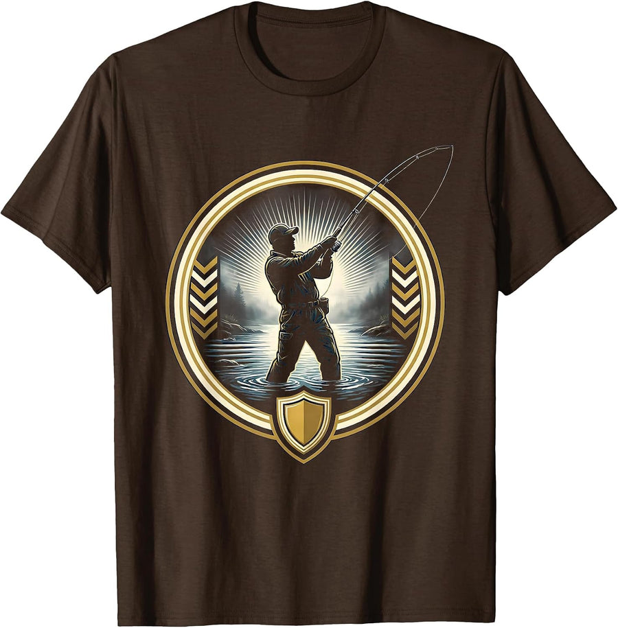 Fisherman Wading in River Fog Graphic T-Shirt - Brown