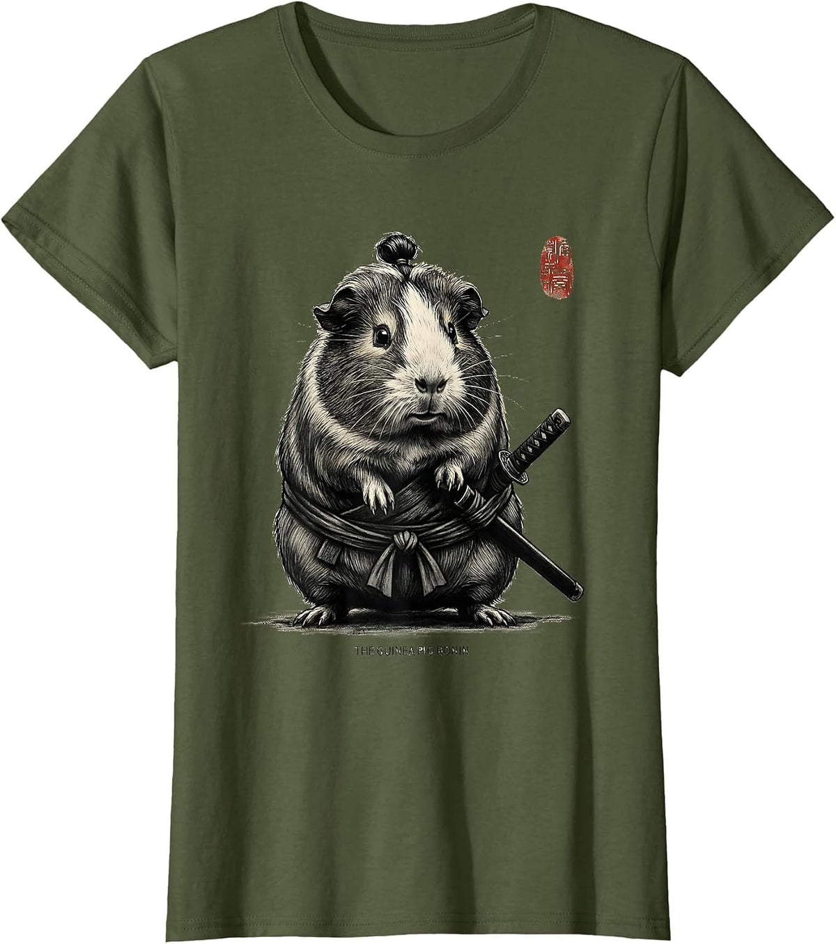 Women's The Guinea Pig Ronin Monochromatic Japanese Art Animal Humor T-Shirt - Olive Green