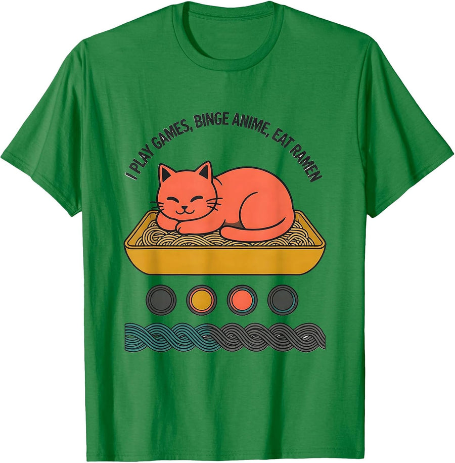 Men's I Play Games, Binge Anime, Eat Ramen Kawaii Cat Gamer Humor T-Shirt - Kelly Green