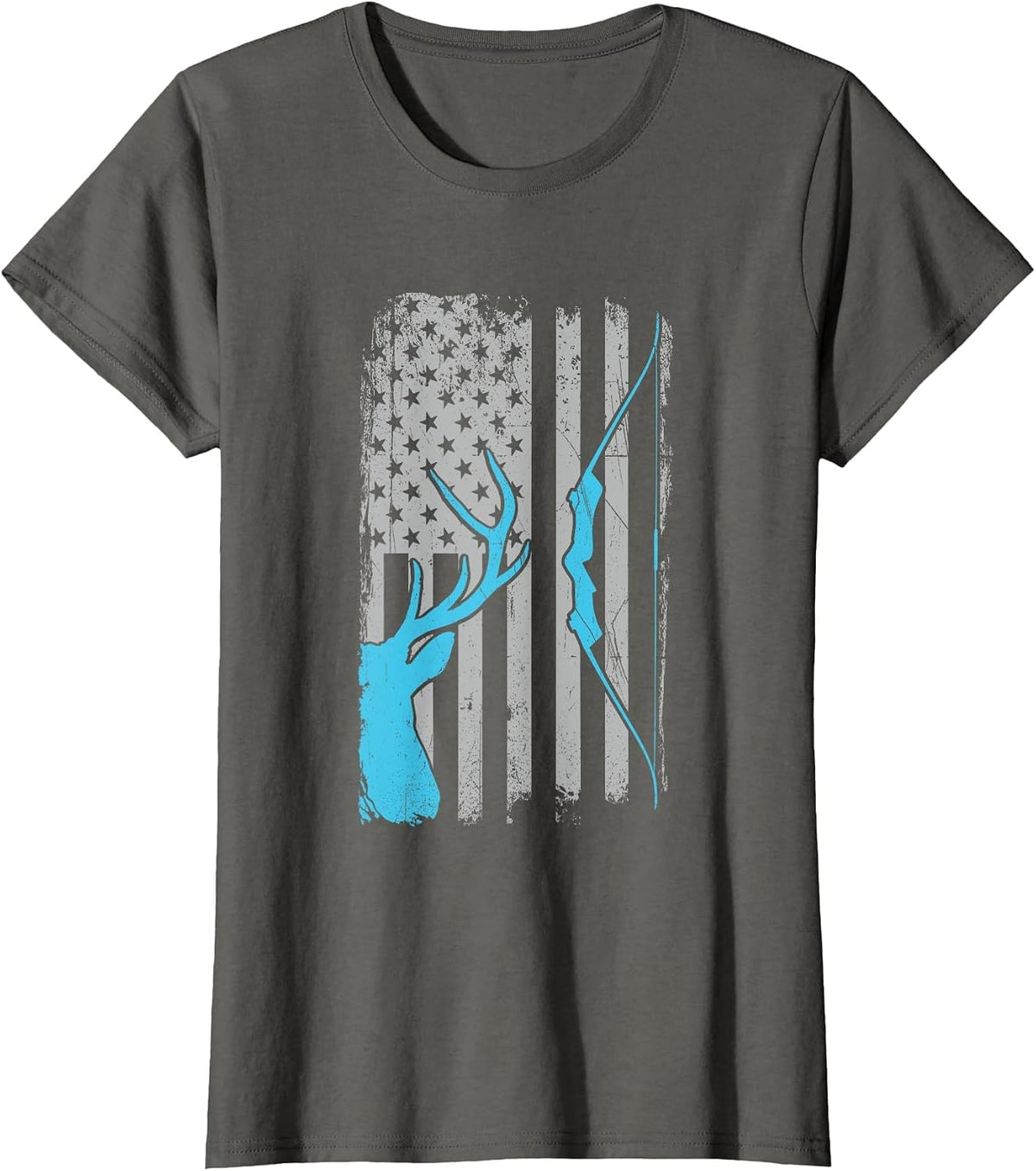 Recurve Bow Hunting - Whitetail Deer Hunter Archer USA Flag T-Shirt - Asphalt Grey