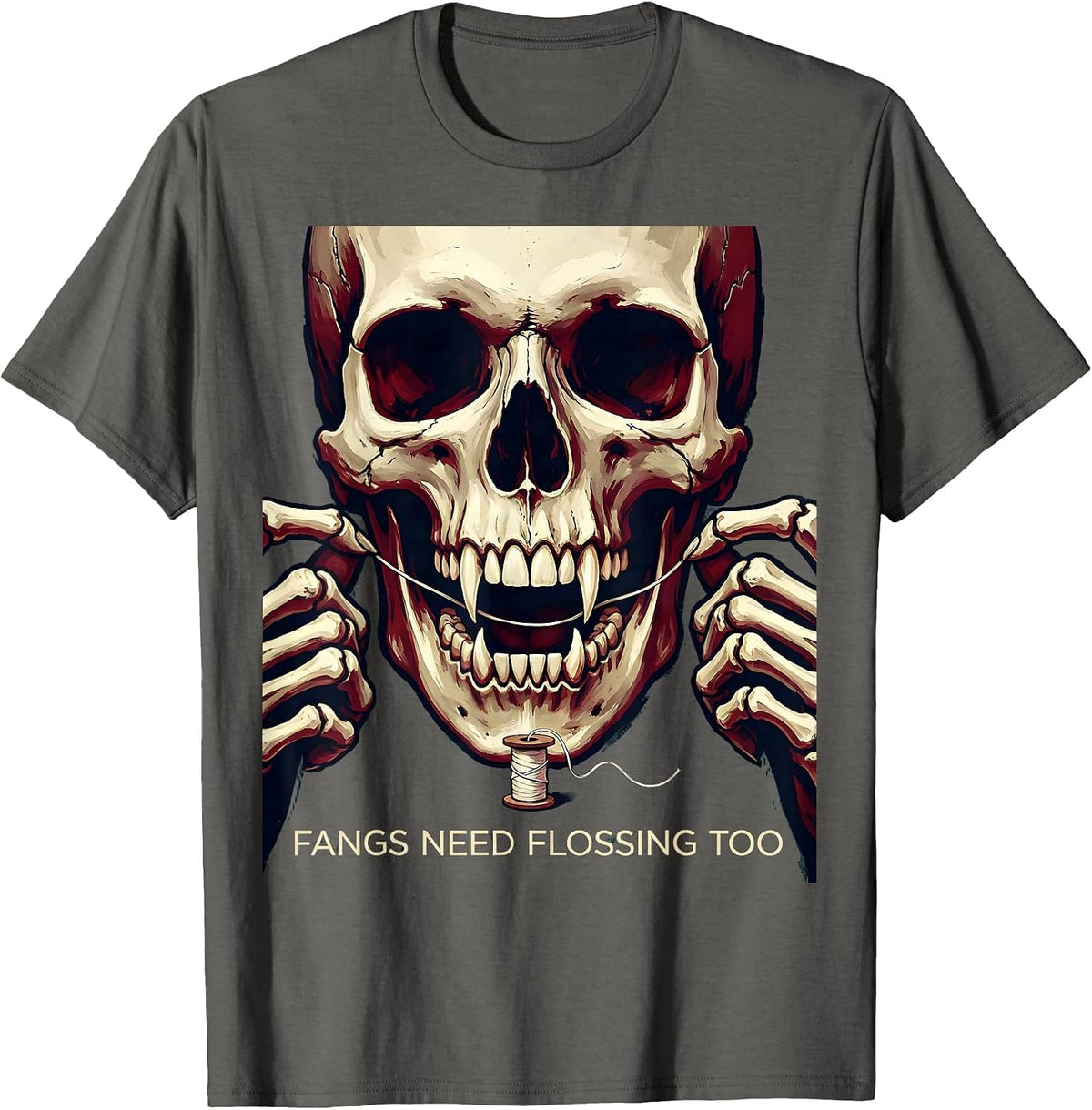 Fangs Need Flossing Too Dental Halloween Design T-Shirt - Asphalt Grey