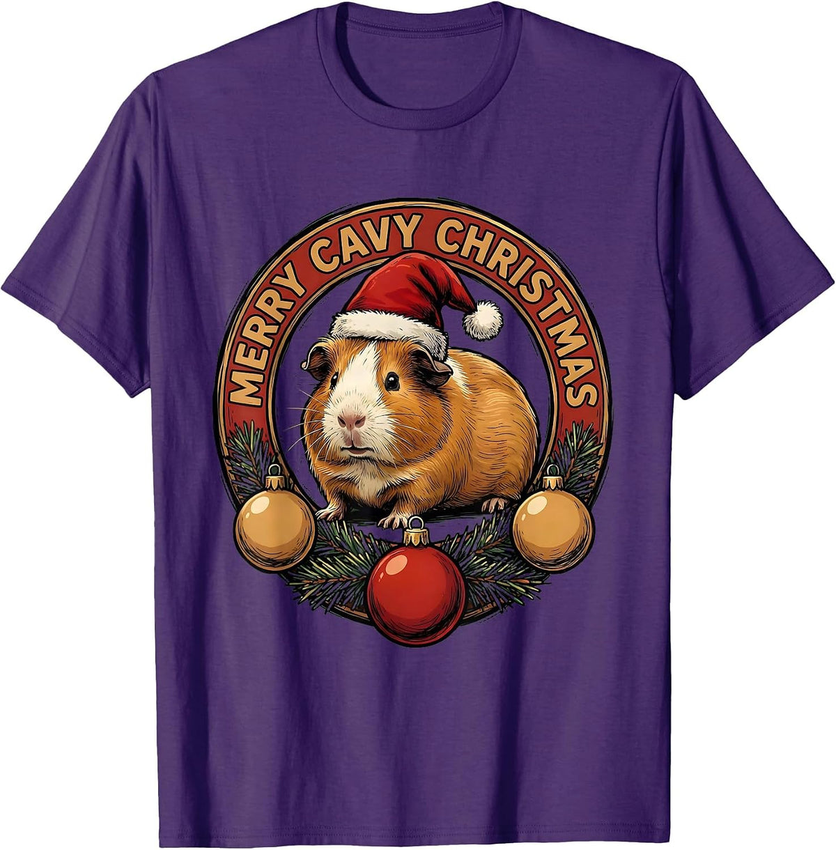 Men's Merry Cavy Christmas Funny Guinea Pig Santa Hat Holiday T-Shirt - Purple