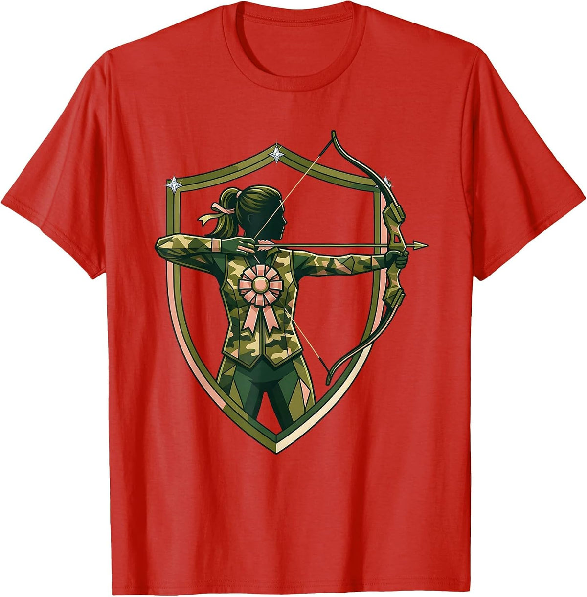Men's Camo Archer Drawing Back Bow Illustration T-Shirt - Red